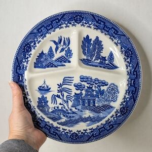 Vintage Moriyama Blue Willow 3 Section Divided Heavy Grill Plate Japan